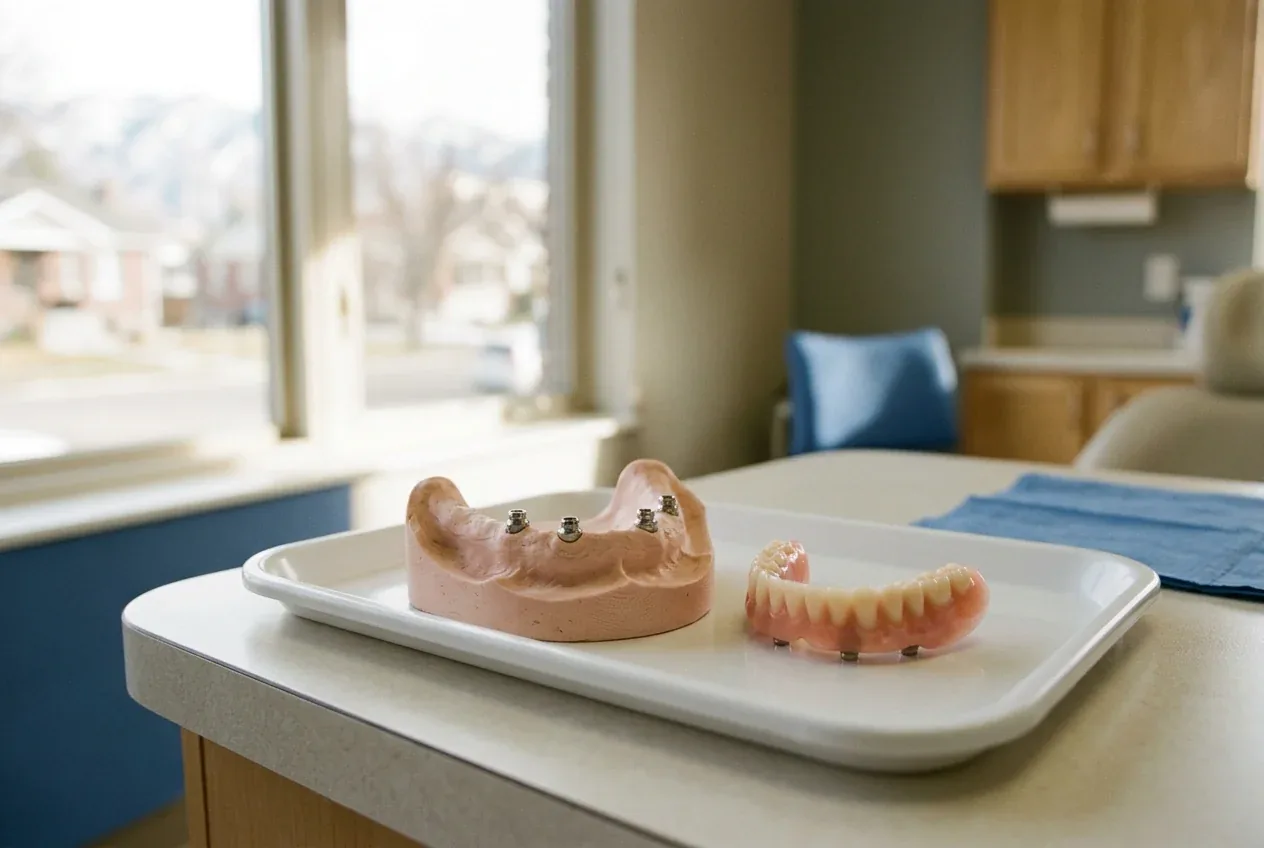 Dental model with implant abutments next to an implant-supported denture on a white tray.